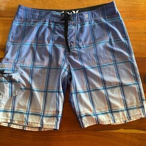 Hurley Men's Blue and Orange Plaid Board Shorts